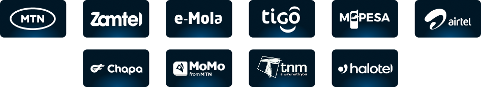 MTN, Zamtel, e-Mola, Tigo, M-Pesa, Airtel, Chapa, MoMo, TNM, Halotel